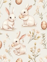 Fototapeta premium Easter bunny seamless pattern. Toddler bunnies, spring flourish festive background. Rabbit with eggs and flowers, cartoon hare decent vector print design
