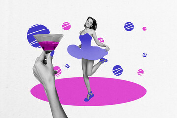 Composite photo collage of happy girl dance dress sexy outfit martini glass beverage club...