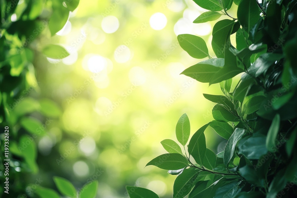 Poster Lush green leaves framing a serene blurred background with ample space for text in nature setting. Generative AI
