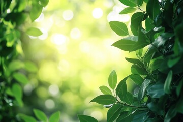 Obraz premium Lush green leaves framing a serene blurred background with ample space for text in nature setting. Generative AI
