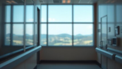 Fototapeta premium A blurred view of a hospital corridor with a large window in the foreground showing a natural landscape, blurred hospital corridor, natural landscape