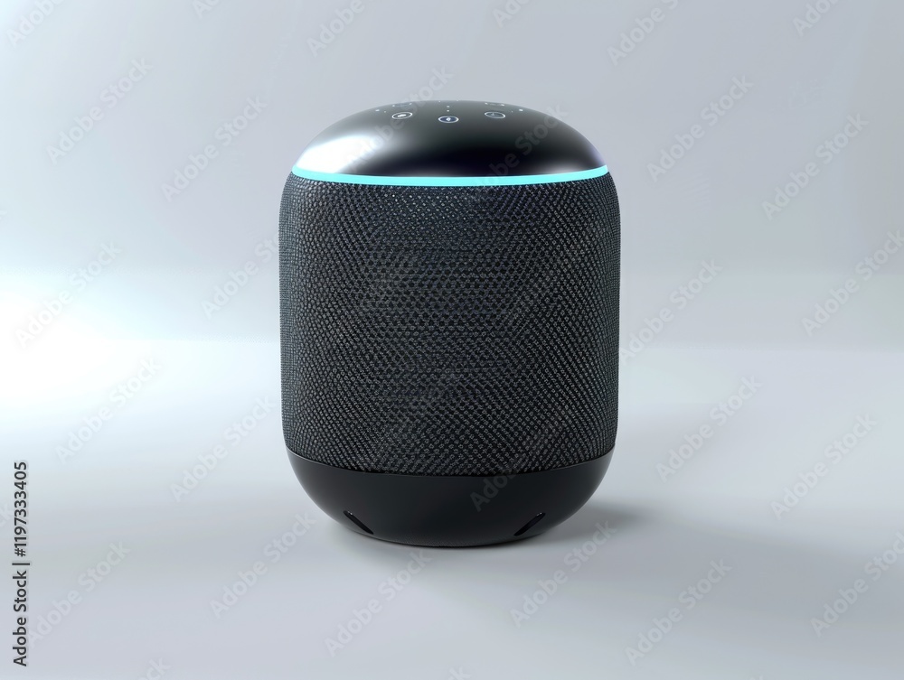 Poster a modern smart speaker with a touch panel that lights up. it is designed for voice control, wireless