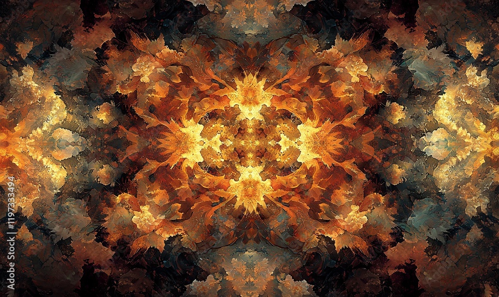 Poster symmetrical fiery floral fractal pattern background for design projects