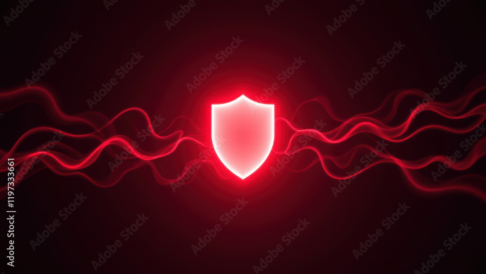 Poster shield symbol against dark background with red light emanating from behind, representing protection 