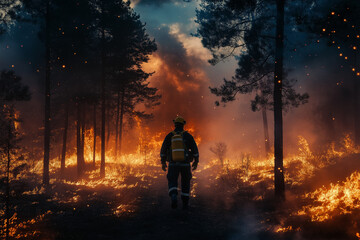 Firefighter putting out a fire in the forest