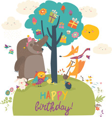 Cartoon animals celebrating Birthday in the forest. Vector illustration