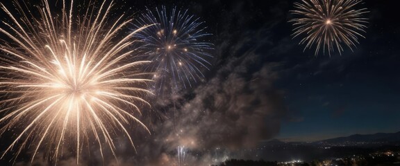 Fototapeta premium Aerial shot of fireworks illuminating the sky during a nighttime event, aerial shot, festive atmosphere, dark blue sky