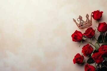 Elegant vector background featuring a crown and roses in the corner, with ample blank space for copy or text, perfect for regal themes.

