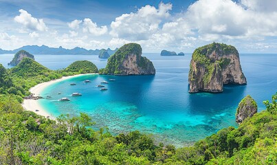 Fototapeta premium Tropical beach with turquoise water, boats, and islands under blue sky