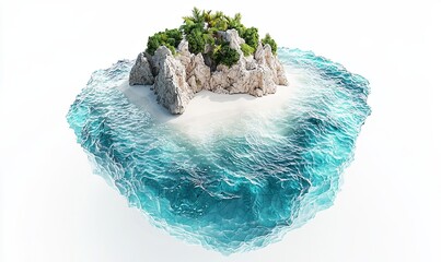 Tropical island with palm trees on a square of ocean, isolated, ideal for travel ads