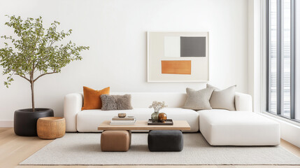 Modern Minimalist Living Room: A serene and stylish living room features a plush sectional sofa, complemented by earthy-toned throw pillows and coffee tables.