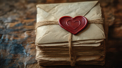 stack of vintage love letters tied with twine, sealed with red heart wax seal, evokes nostalgia and romance on rustic wooden table