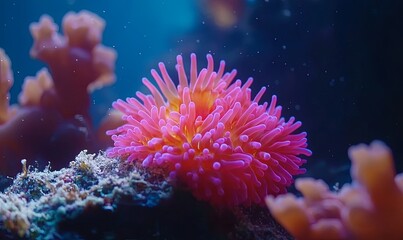 Obraz premium Vibrant pink anemone on coral reef in blue ocean, ideal for nature documentaries