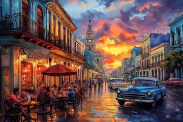 A vibrant Cuban street scene at sunset with people sipping Cuba Libre cocktails on a sidewalk cafe.Cuba libre.Classic cuba libre.Rum cocktail.Cola and rum.Lime cocktail.