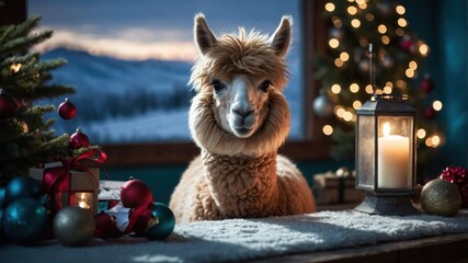 A festive setting featuring a llama with holiday decorations and a candlelit ambiance.
