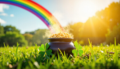 Pot of gold under rainbow in lush meadow, St. Patrick's Day symbolism