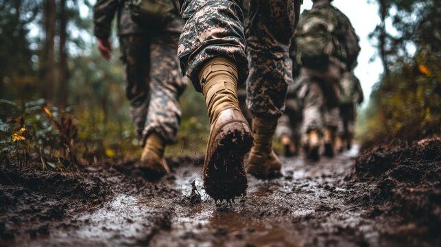 Military Training Exercise Soldiers in Formation Navigate Challenging Muddy Terrain in Dense Forest