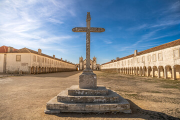 Wide shot of The Cross and Santu&aacute;rio de Nossa Senhora do Cabo Espichel on a Sunny Day, Portugal. December 2024