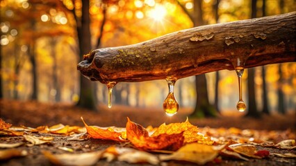 Amber-colored resin dripping from a tree branch onto a sandy forest floor surrounded by autumn leaves, nature, leaf, forest, tree, amber