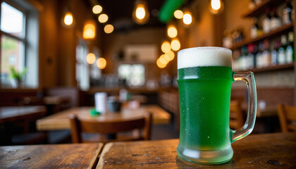 Green frothy beer mug on rustic table in pub, St. Patrick's Day celebration