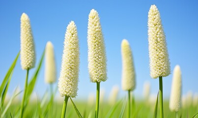 White flowers in a green field under a clear blue sky