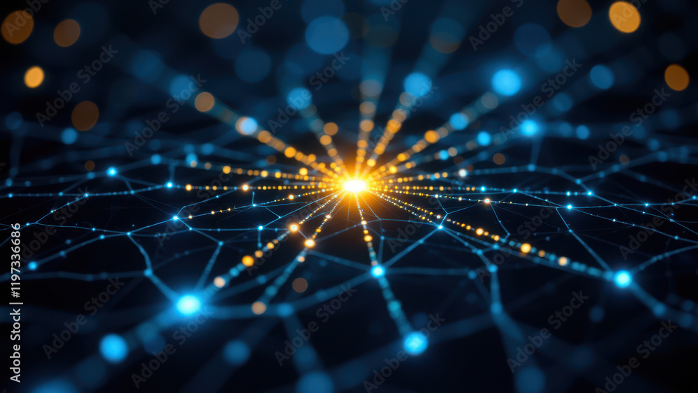 Poster Intricate web of blue lines with a central golden node representing network security.