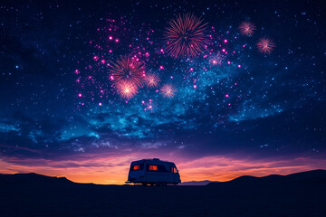 a camper van parked in the desert with fireworks in the sky above it and a mountain range in the background