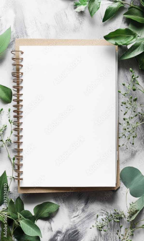 Poster blank spiral notepad surrounded by green leaves on a textured surface suitable for notes or creative