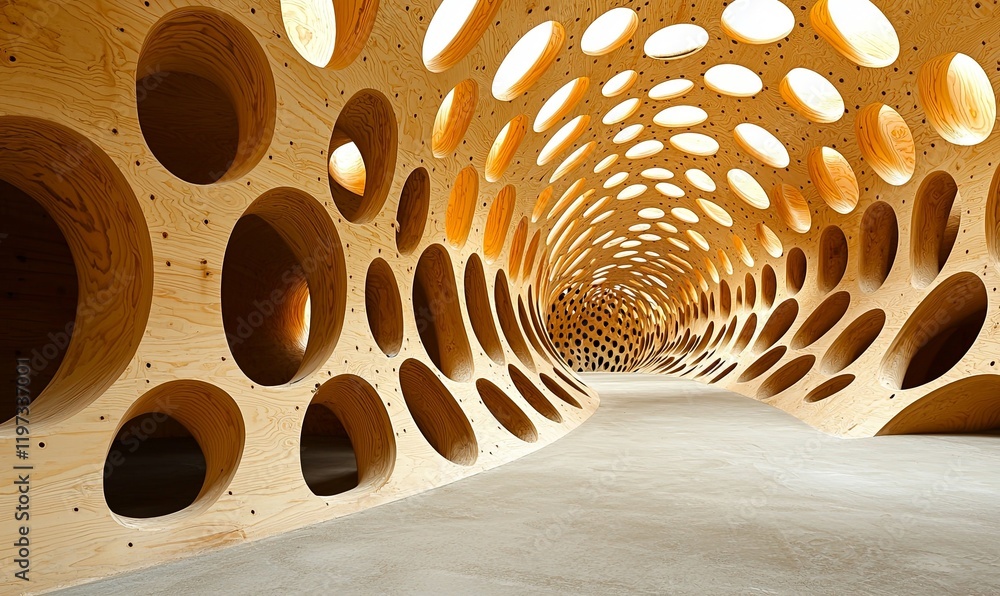 Poster wooden tunnel architectural design with circular openings and concrete floor
