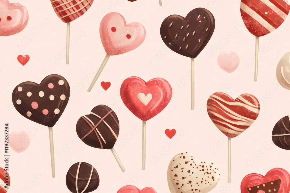 Poster retro inspired seamless pattern featuring various heart shaped lollipops on sticks, creating a sweet