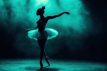 A graceful ballerina dances in a dimly lit atmosphere, surrounded by soft turquoise light and mist,...