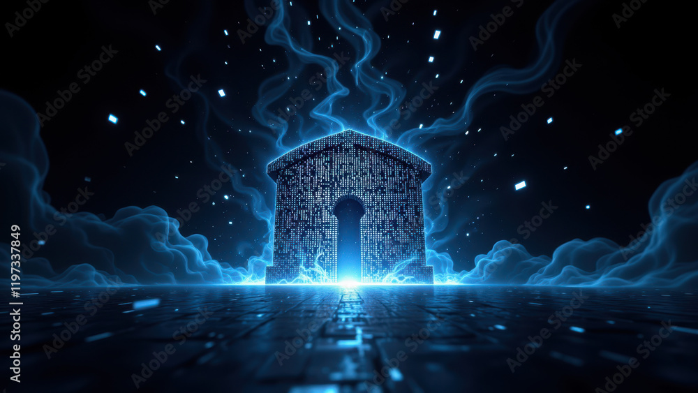 Poster cybersecurity digital art featuring a futuristic shield with a glowing protective aura over a networ