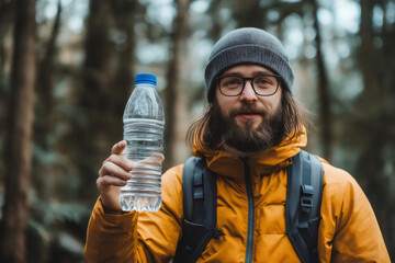 Bearded man wearing yellow jacket and backpack holding reusable water bottle while hiking in forest, promoting sustainability and healthy lifestyle