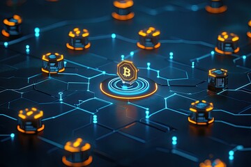 Glowing Bitcoin Cryptocurrency Network Node on Circuit Board