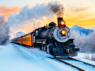 Vintage Steam Train Journey Through Snowy Landscape at Sunset with Majestic Mountains
