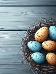 Colorful eggs in a nest as easter decoration against grey planks