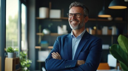 Fototapeta premium Happy businessman in office environment smiling confidently, hands on hips. Modern workplace with glasses and stylish casual attire.