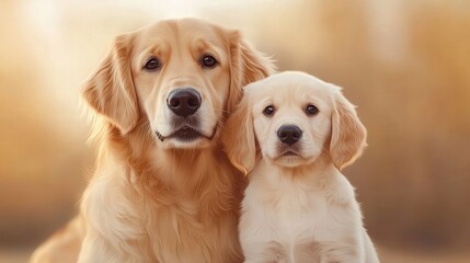 Two Golden Retrievers Sitting Side by Side in a Lush Green Park with Bright Sunlight Creating a Joyful and Playful Atmosphere of Companionship