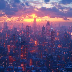 Fototapeta premium Futuristic city skyline at sunset, glowing buildings and hazy sky.