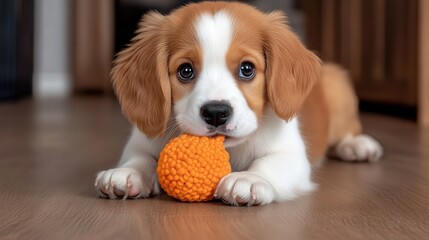 Adorable Playful Puppy Joyfully Holding a Colorful Toy in Its Mouth While Sitting on Soft Grass Under Bright Sunlight in a Cheerful Outdoor Setting