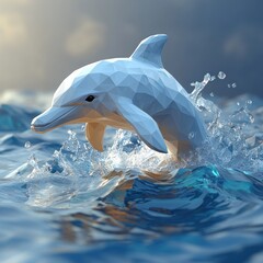 Naklejka premium Low-poly dolphin leaping from ocean waves. (1)