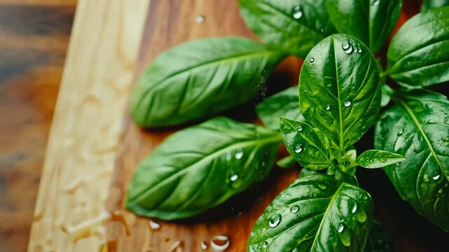 Fresh basil leaves with water droplets on a wooden cutting board showcasing vibrant green colors