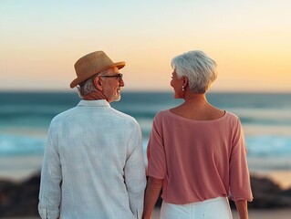 Romantic sunset stroll beach couple serene oceanfront back view love and connection