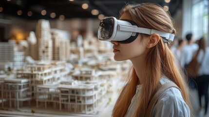 Woman using VR headset, viewing a city model.