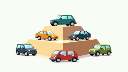 Naklejka premium Waste hierarchy Micromobility mlms Microtransit Bidirectional charging Connected car carsized Carvolution Cazoo By Miles Colorful compact cars in various colors parked around a cardboard box, transpo
