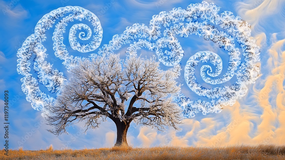 Poster a tree in winter with its branches turning into swirling snowflakes, creating a serene winter scene