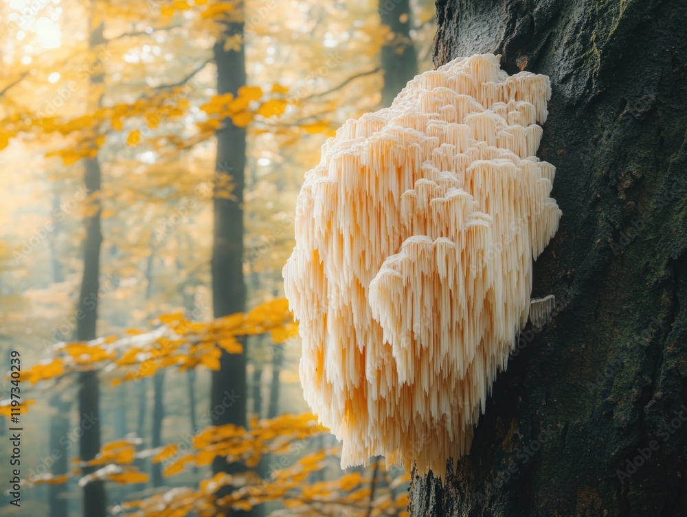 Poster mushrooms growing on a tree trunk in a forest during autumn. mushrooms are part of the natural ecosy