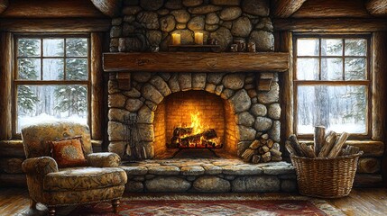 Cozy rustic cabin interior with stone fireplace, armchair, and snowy winter view.