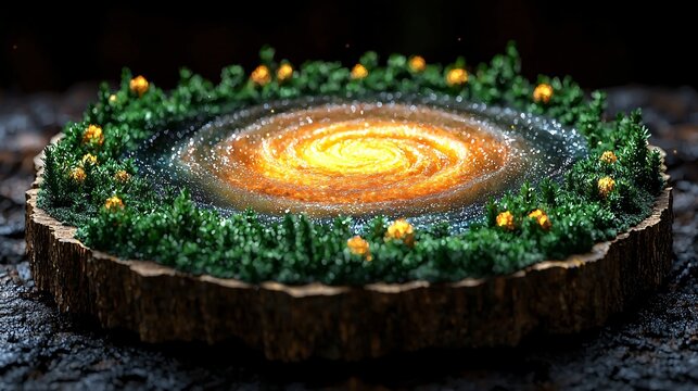 Cosmic spiral galaxy within a lush green forest on a tree stump.