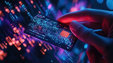 Hand holding futuristic credit card, digital data background, online payment, secure transaction